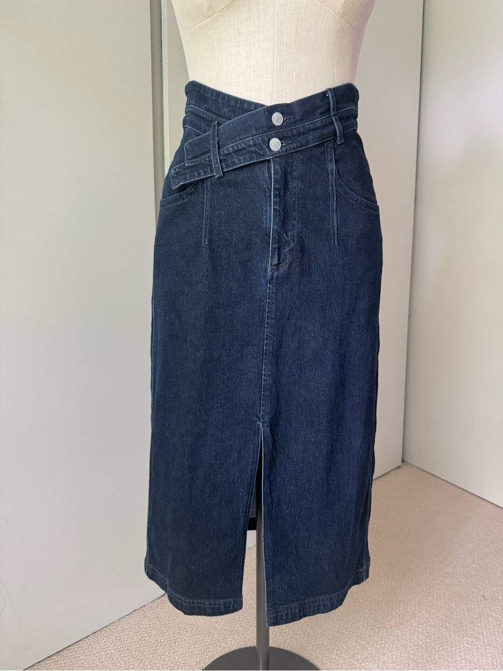 Anthropologie Pilcro Arden Double Waist Midi Jean Skirt Dark Denim NWOT - Picture 2 of 13